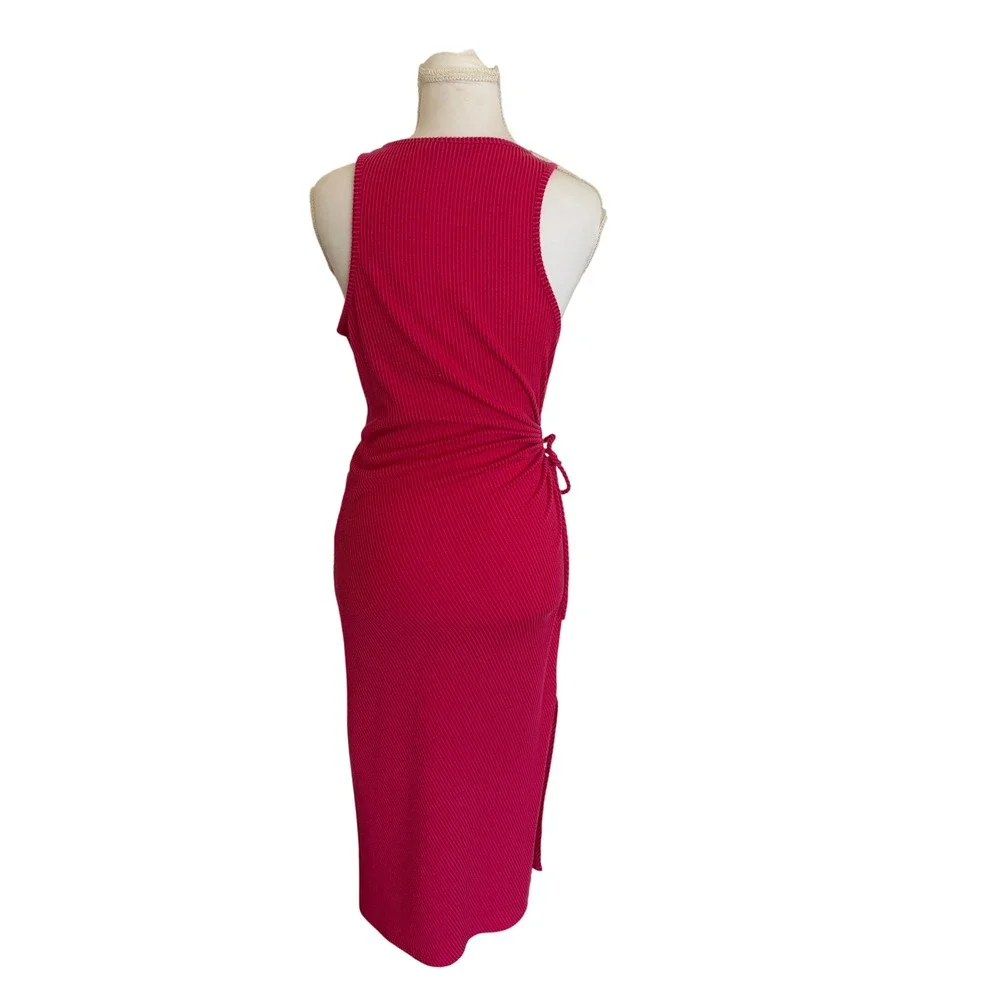 Caution to the Wind Magenta Pink Ribbed Side Tie Cutout Midi Bodycon Dress - Picture 3 of 6